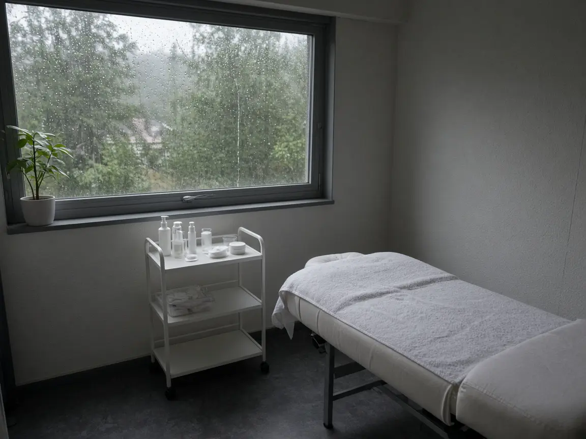 Sala de tratamiento con camilla y un carro de cremas junto a una ventana con lluvia